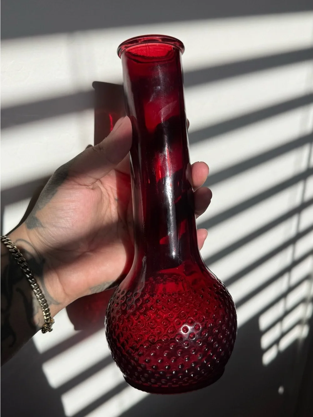 Vintage ruby red hobnail vase 9”
